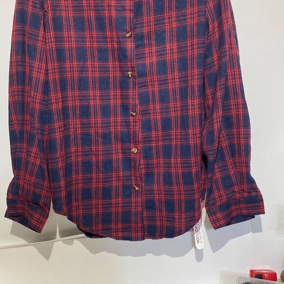 Romwe Women's Red Navy Plaid Long Sleeve Button Up Shirt Size 8/10 NWT - Picture 2 of 11
